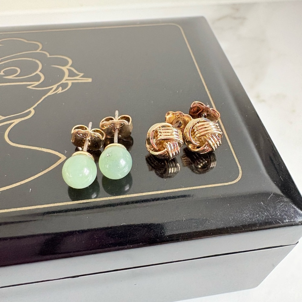 Vintage Avon Jade Ball and Gold Love Knot Stud Earring Duo NIB 90s